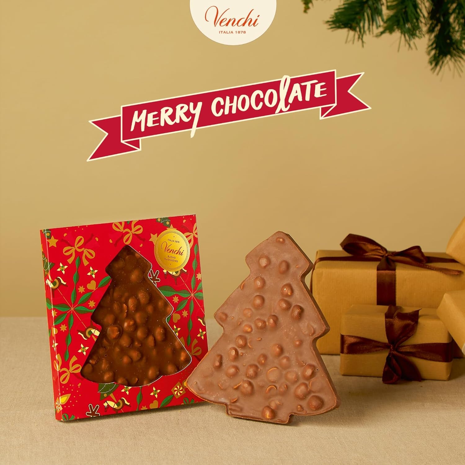 Venchi, Brutto&Buono, ručně vyráběná mléčná čokoláda ve tvaru jedle "Piedmont Forest Hazelnut", 200 g, bez lepku, limitovaná edice vánoční kolekce, tip na dárek