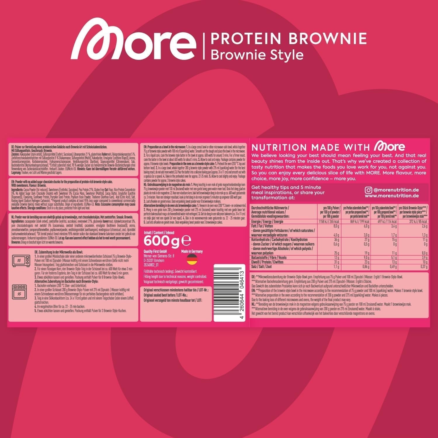 MORE Protein Brownie, 600G, Vegan Backmischung Für Brownies Mit Der Extra Portion Protein, Geprüfte Qualität - Made in Germany Směs na pečení a vaření Naty Shop