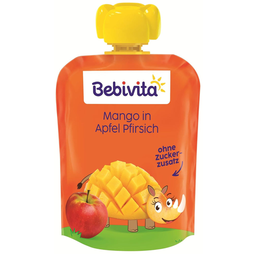 Mačkatelné sáčky Mango Apple Peach – 16 balení (4 balení, 4 x 90 g každý), bez přidaného cukru, bez lepku, ideální pro balené svačiny a na cesty