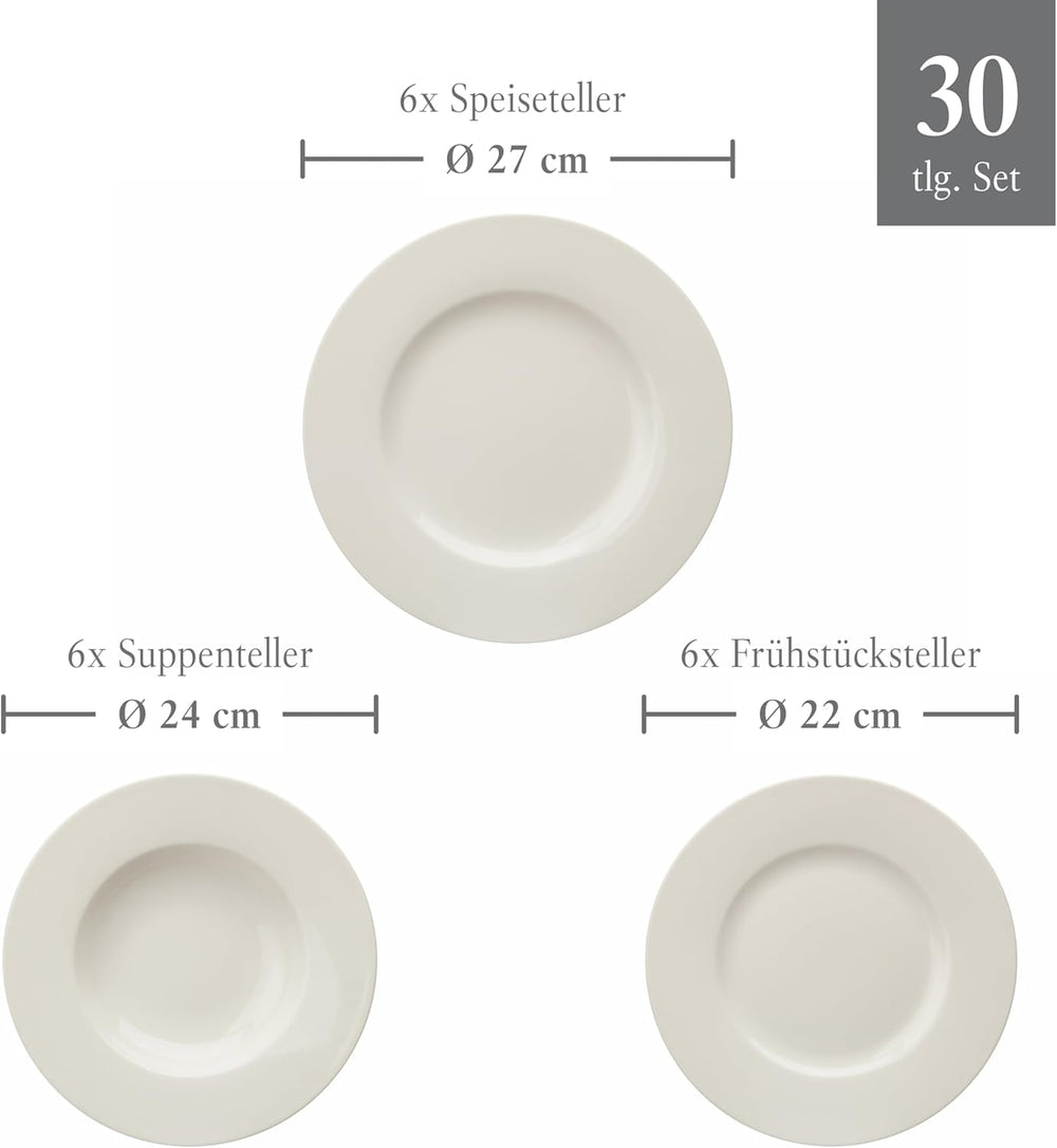 vivo - Villeroy & Boch Group - Set de veselă Basic White cu 30 de piese, potrivit pentru mașina de spălat vase și cuptorul cu microunde, Set de veselă alb, Set de cafea, Ceramică, Farfurii, Cești, Porțelan premium