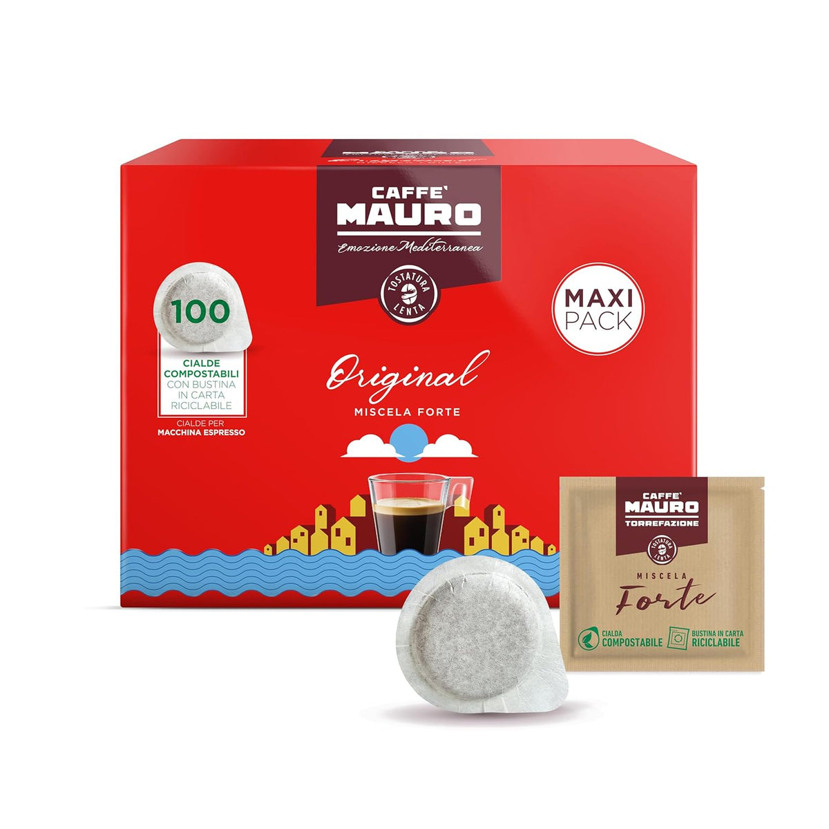 Caffè Mauro Torrefazione Kaffee Kompostierbare Pods, Recyclebare Verpackung, Original Mischung - 100 stück - Intensität 10/10 - Kompatibel mit ESE System Papier Pads 44 mm