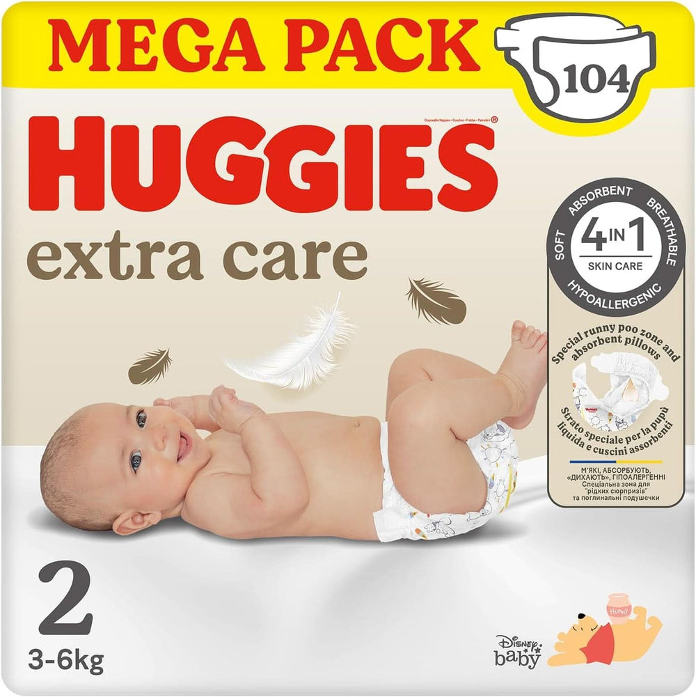 Huggies Extra Care Bebè, plenky vel. 2 (3-6 kg), velmi savé, design Disney, mega balení, 104 kusů Mother and Child Naty Shop