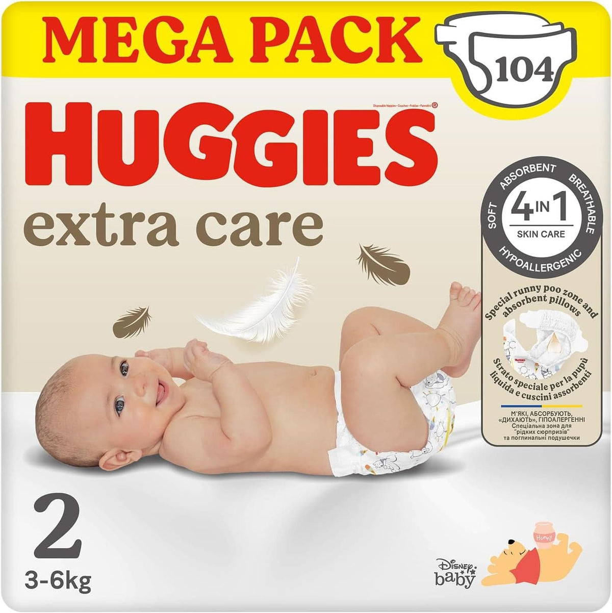 Huggies Extra Care Bebè, plenky vel. 2 (3-6 kg), velmi savé, design Disney, mega balení, 104 kusů Mother and Child Naty Shop