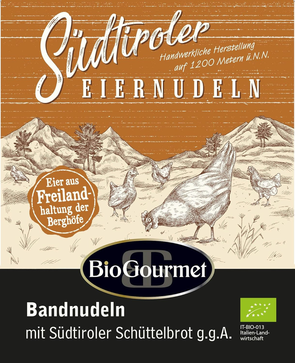 BioGourmet stuhové nudle se Schüttelbrotem z Jižního Tyrolska (CHZO) | Slané a ochucené vaječné nudle s pravou špetkou z Jižního Tyrolska | 1 x 250 g bio
