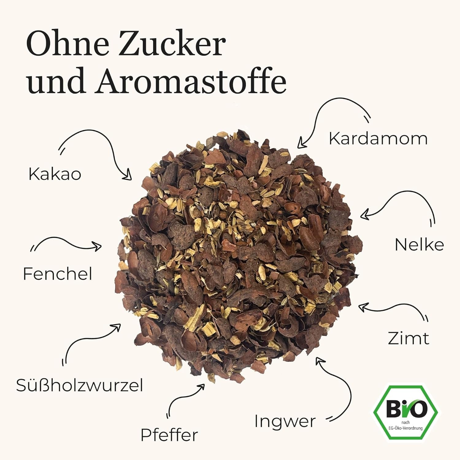 Ceai cu condimente BIO Schoko-Chai fără zahăr, cu coji de cacao, scorțișoară, lemn dulce și alte condimente aromatice Chai, 100 g
