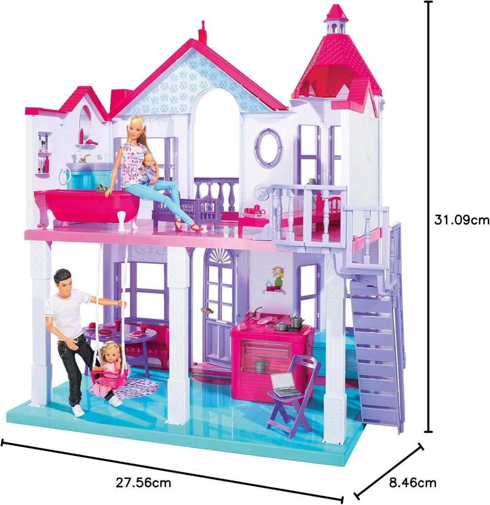 Simba 104661996 - Steffi Love Dreamhouse, velký domeček na hraní, 4 pokoje, BEZ LOUTEK, 84 cm vysoký, dvě patra, funkční zvonek, skládací domečky pro panenky Naty Shop