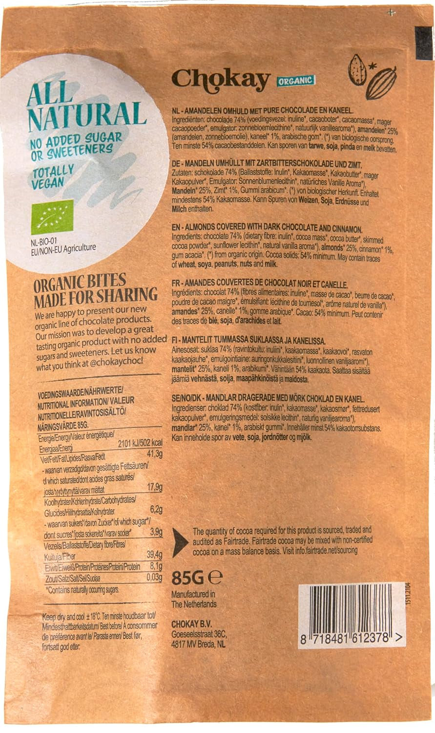 Bio Bites - skořicové mandle a tmavé belgické čokoládové mandle / bez přidaného cukru, bez sladidel / veganské a Fair Trade / 1 x 85 g