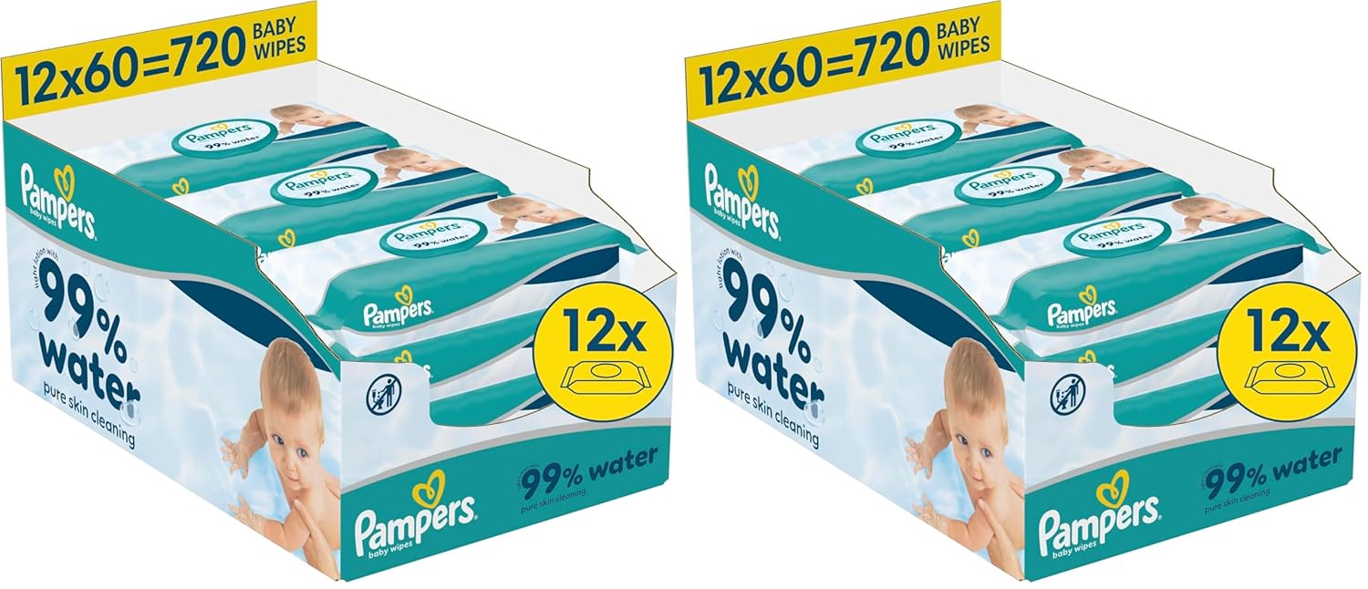 Pampers 99% vodní dětské ubrousky, 12 balení po 60 ubrouscích každý = 720 dětských ubrousků, lehké mléko 99% voda