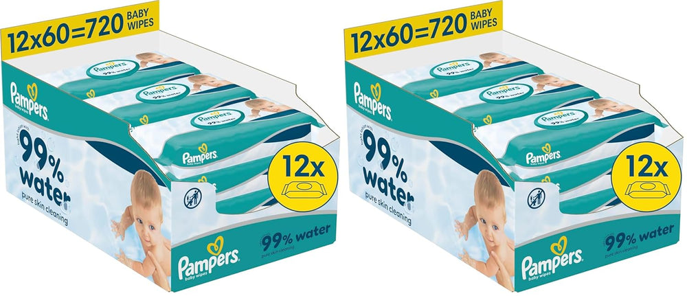 Pampers 99% vodní dětské ubrousky, 12 balení po 60 ubrouscích každý = 720 dětských ubrousků, lehké mléko 99% voda