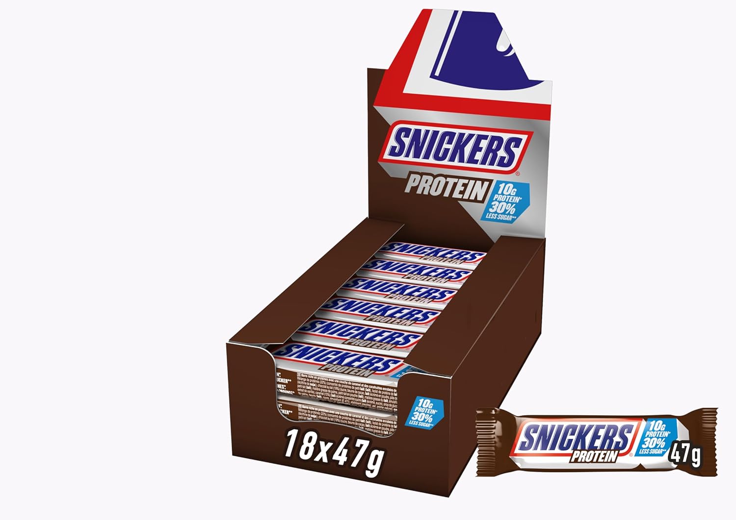 Čokoládové proteinové tyčinky Snickers – bohatá chuť s karamelovými lískovými oříšky a nugátem, hromadné balení 18x47g