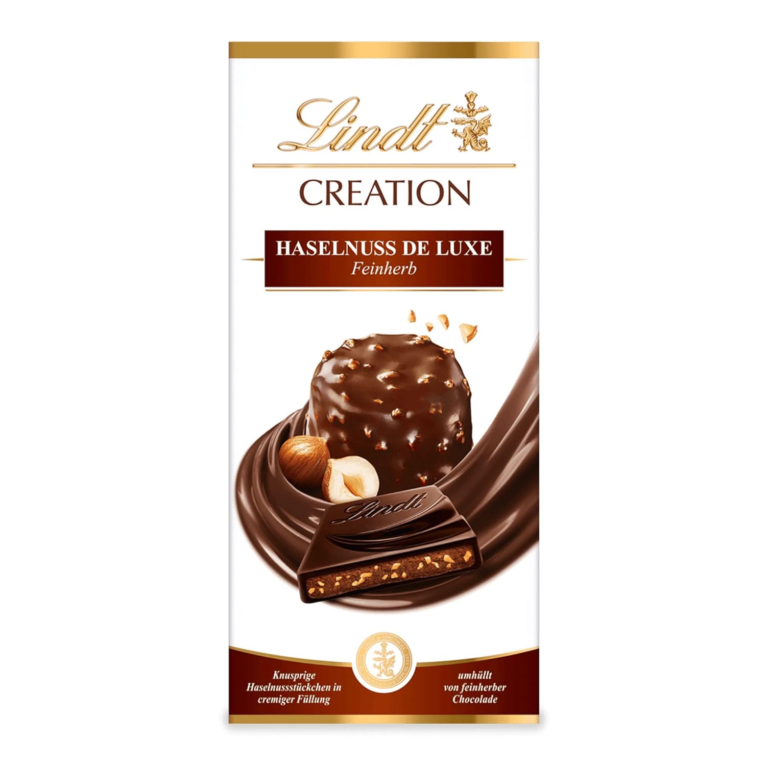 Lindt Creation Hazelnut De Luxe Bar - Hořká čokoláda s křupavými lískovými oříšky ve smetanové náplni