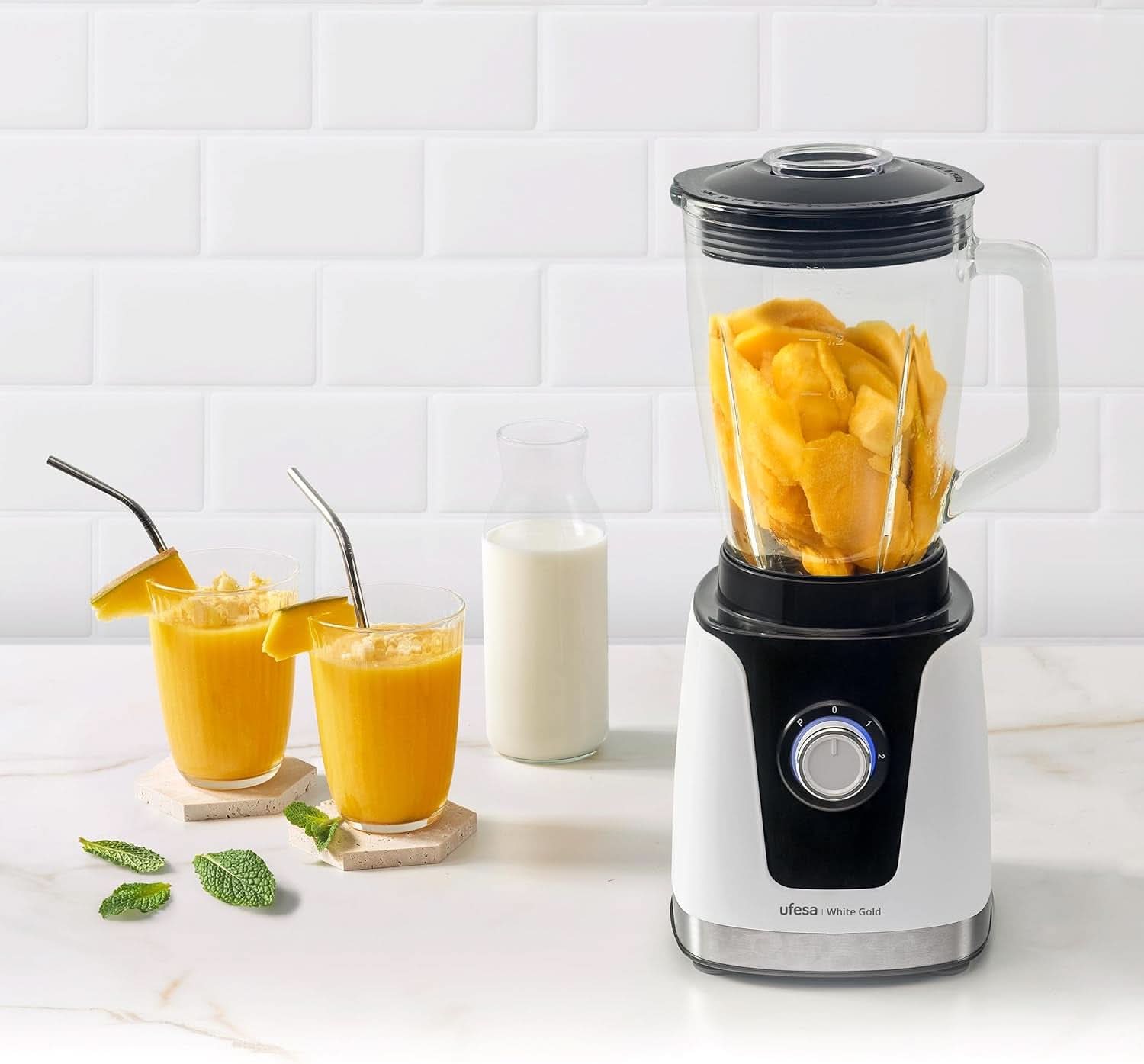 Ufesa White Gold Standmixer, 1500W Leistung, 1,5L Glaskrug, Geschwindigkeitsregler Mit Led-Licht, Ice Crusher, 6 Herausnehmbare Edelstahlklingen, 2 Geschwindigkeiten + TURBO Mama si Copilul Naty Shop