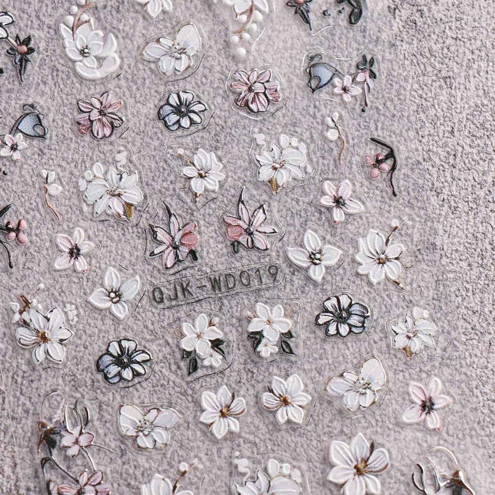 JMEOWIO Nagelsticker Schwarz Weiße Blume 6 Blatt Nail Art Sticker Selbstklebend Nagelaufkleber Frühling Sommer Floral Dekoration Nageldesign Zubehör