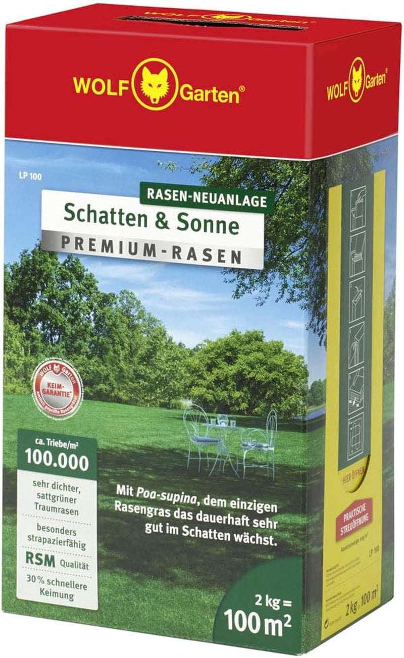 Wolf-Garten „Schatten & Sonne“ Premium-Rasen LP 50 (Für 50 M², Sehr Hohe Dichte Mit Ca. 100.000 Trieben/M2, Besonders Strapazierfähig, Hohe Schattenverträglichkeit, 1Kg Faltschachtel) 3820031