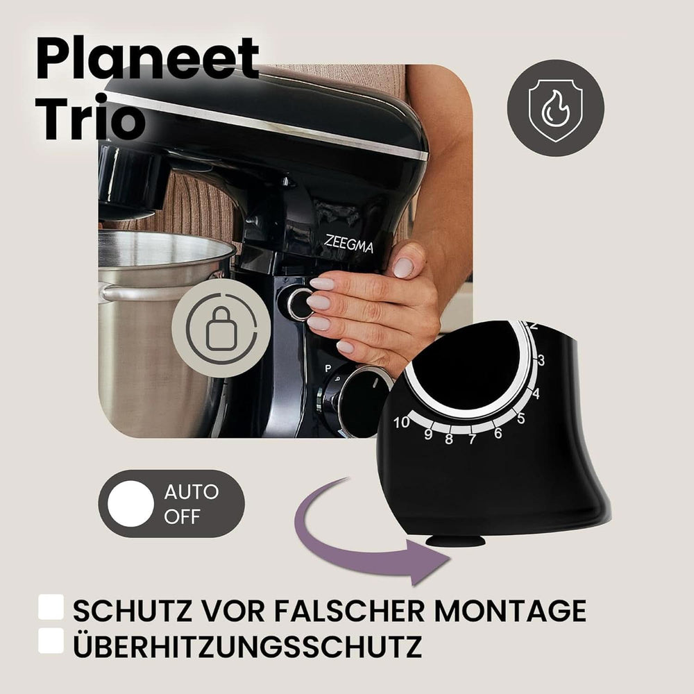 ZEEGMA PLANEET TRIO Planetenroboter, 1500 W, Multifunkční Küchenmaschine Mit 3 Schüsseln 4 L, 4,5 L Und 5,2 L, 10 Betriebsgeschwindigkeiten, Mixer Mit Haken, Schneebesen (Schwarz) Matka a dítě Naty Shop