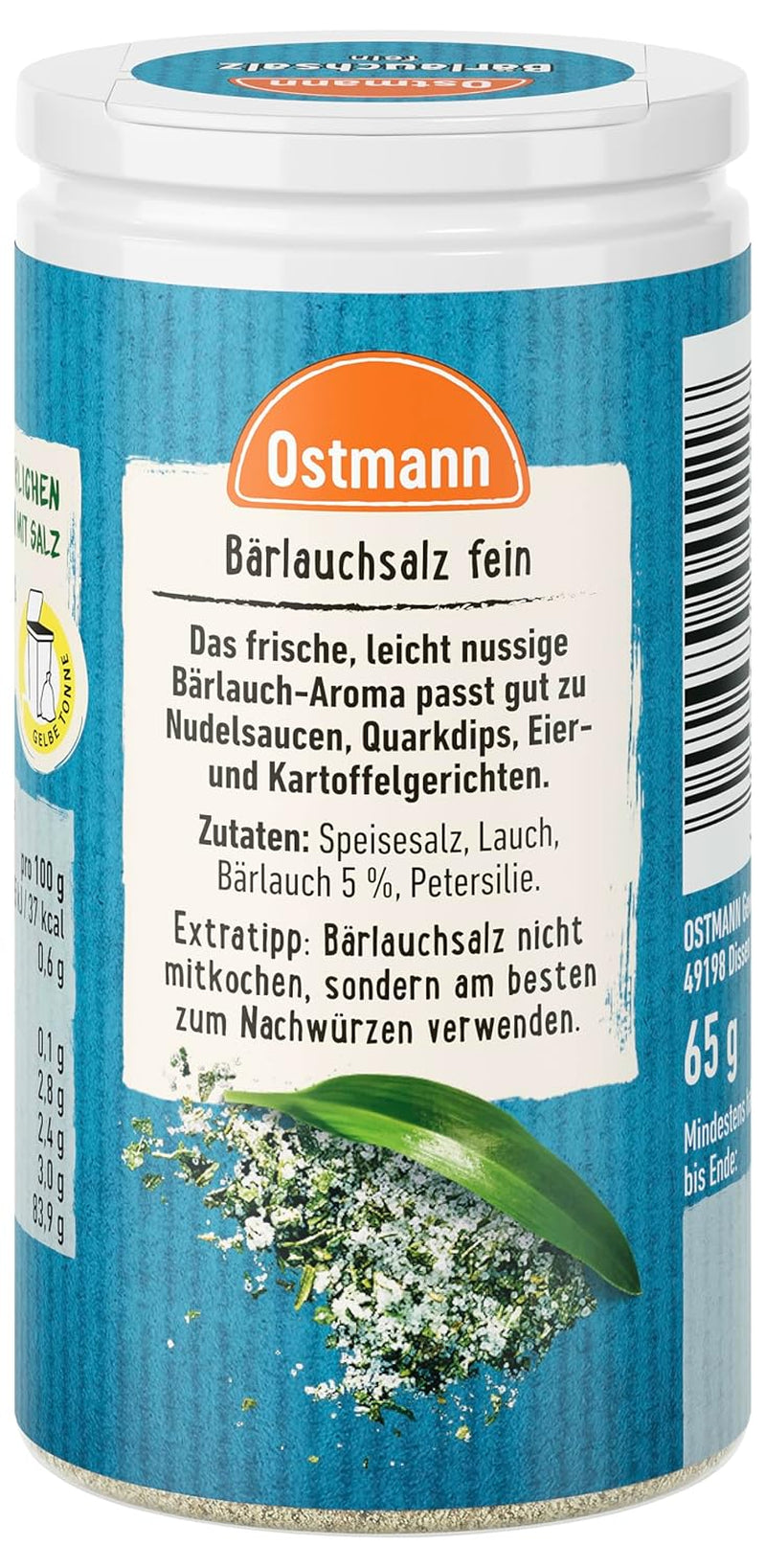 Ostmann Gewürze - Bärlauchsalz | Ideální pro Herzhaften Gemüse nebo Fleischgerichten Recyclebare, nachfüllbare Streudose | 65 g ve Streueru