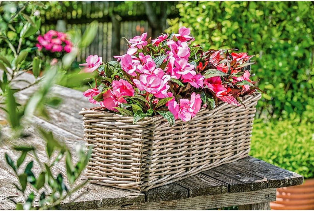 Ghiveci Dehner din ratan, aprox. 40 x 23 x 20 cm, țesătură de ratan, gri/maro