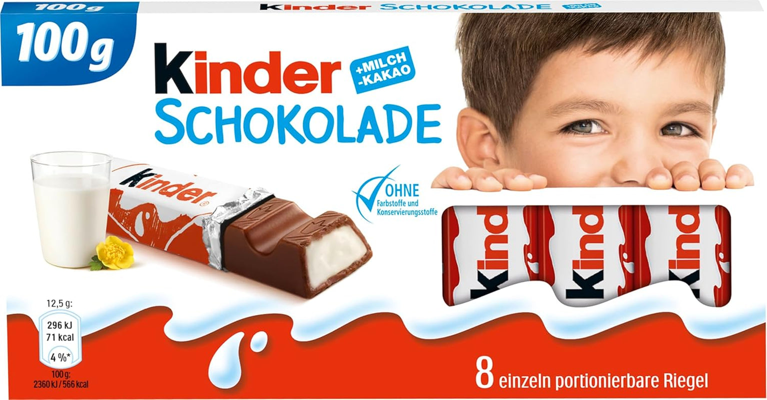 Kinder Chocolate - plněné mléčné čokoládové tyčinky - 1 balení obsahující 24 jednotlivých tyčinek (24 x 12,5 g).