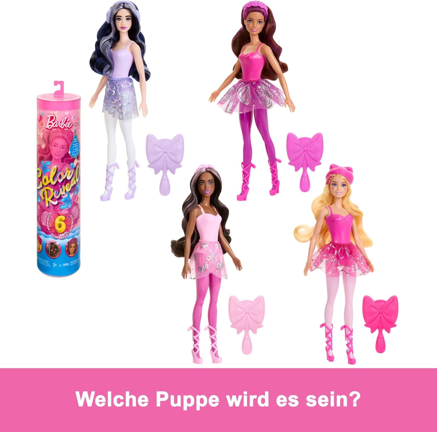 Păpușă Barbie Colour Reveal și accesorii, seria balerină, 6 surprize de desfăcut, inclusiv schimbarea culorii, inspirată de tendința principală de balet (stilurile pot varia), HRK17 Papusi Naty Shop
