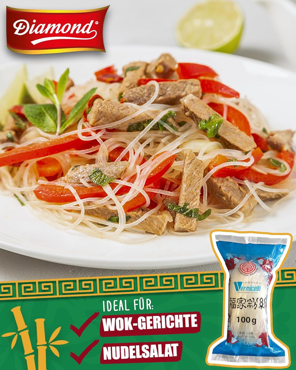 DIAMANTOVÉ skleněné nudle, dlouhé skleněné nudle, přirozeně veganské a bez lepku - 1 x 100 g