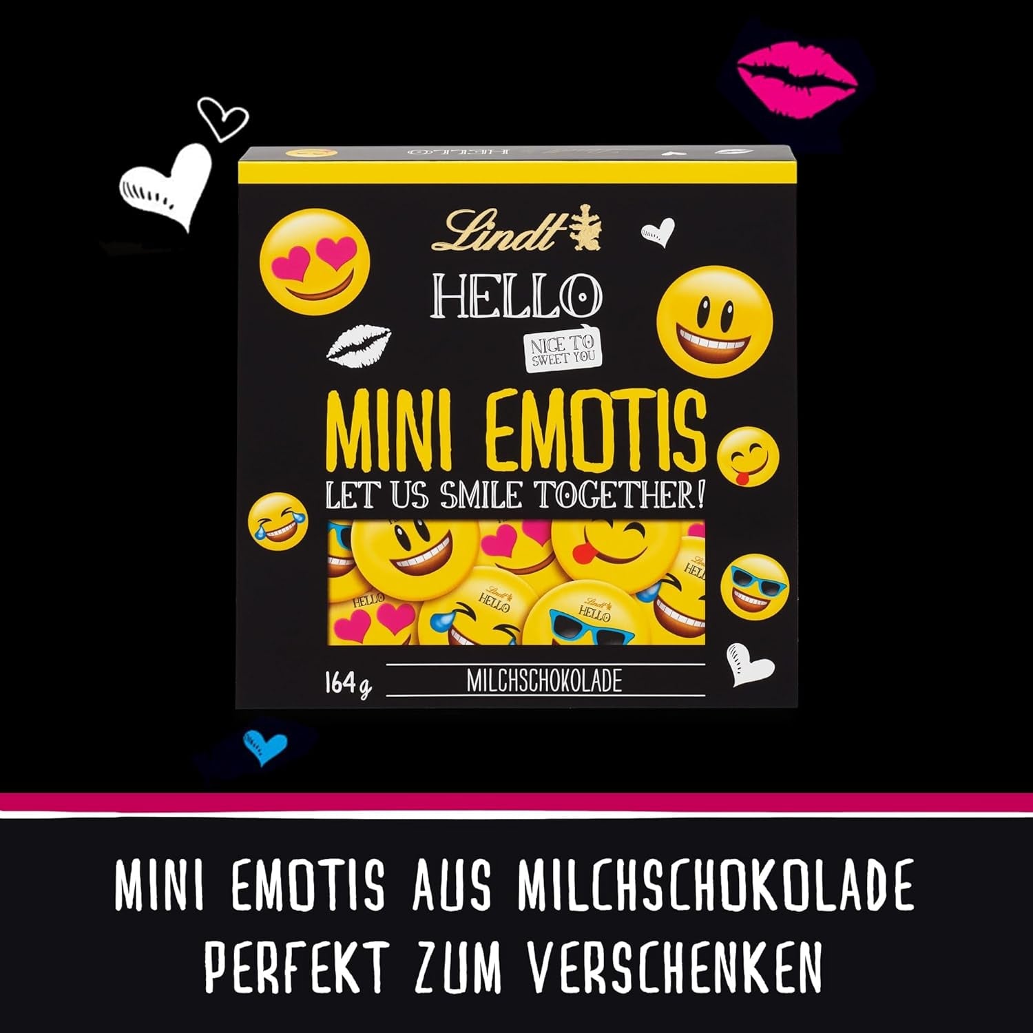 HELLO Mini čokoládové emotikony | 164 g | Přibl. 27 cool emotikonů v různých provedeních, vyrobených z té nejlepší mléčné čokolády | Čokoládový dárek pro děti | Na ozdobu (balení 2 ks)