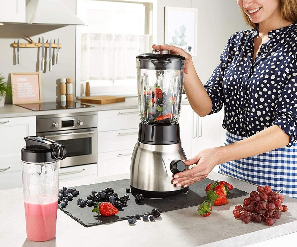 Russell Hobbs Standmixer 2-v-1 [1,5L Glasbehälter Mixer & 0,6L Mini Smoothie Maker -To-Go-Trinkflasche Inkl. Deckel] Spülmaschinenfest, Impuls-/Ice-Crush Funktion, Becher BPA Frei, Edelstahl 23821-56 Kitchen Naty Shop
