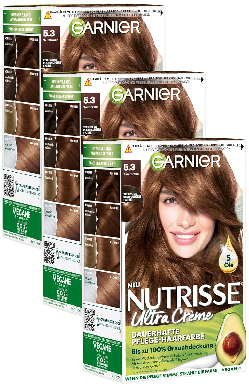 Garnier Nutrisse Permanent Care Hair Colour cu uleiuri hrănitoare din fructe, colorare cu fixare de 8 săptămâni, Ultra Crème Tint, 053 Velvet Brown (pachet de 3) Vopsea pentru par Naty Shop Titlu implicit