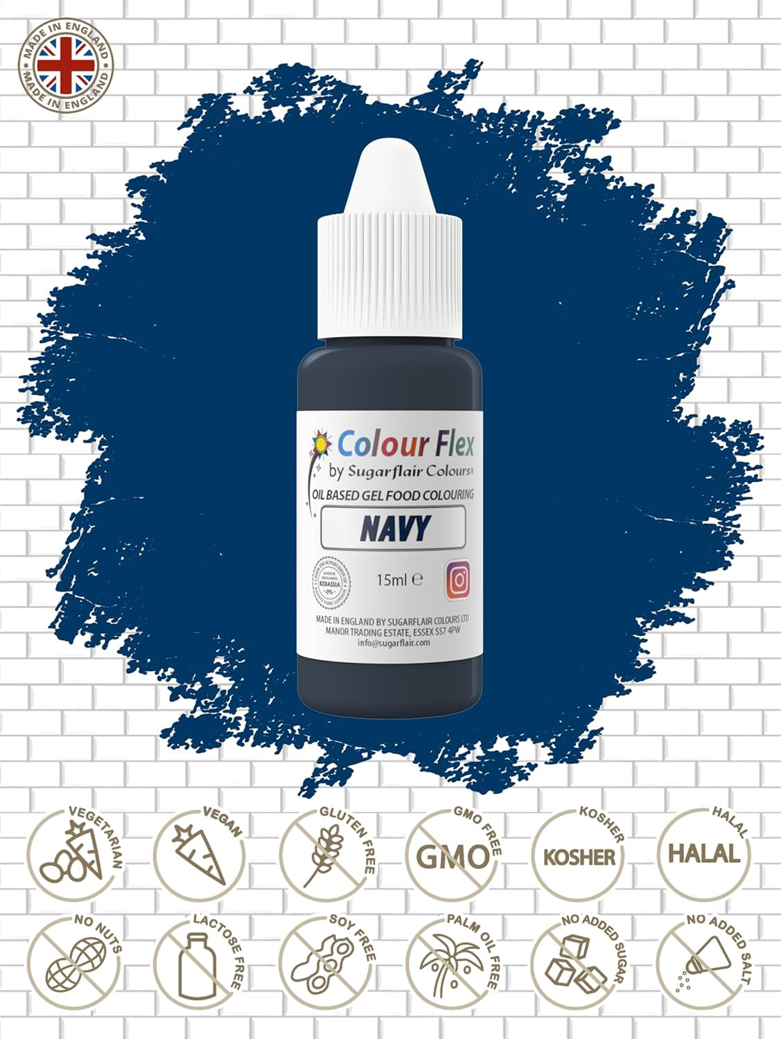 Colorant alimentar pe bază de ulei Sugarflair Colourflex, albastru marin, colorant alimentar lichid foarte concentrat, colorant alimentar pentru cremă de unt, ciocolată, aluat, fondant, glazură și multe altele - 15 ml
