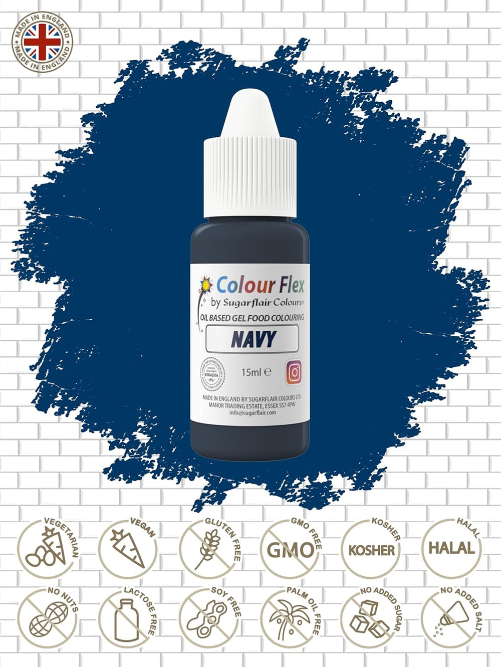 Colorant alimentar pe bază de ulei Sugarflair Colourflex, albastru marin, colorant alimentar lichid foarte concentrat, colorant alimentar pentru cremă de unt, ciocolată, aluat, fondant, glazură și multe altele - 15 ml