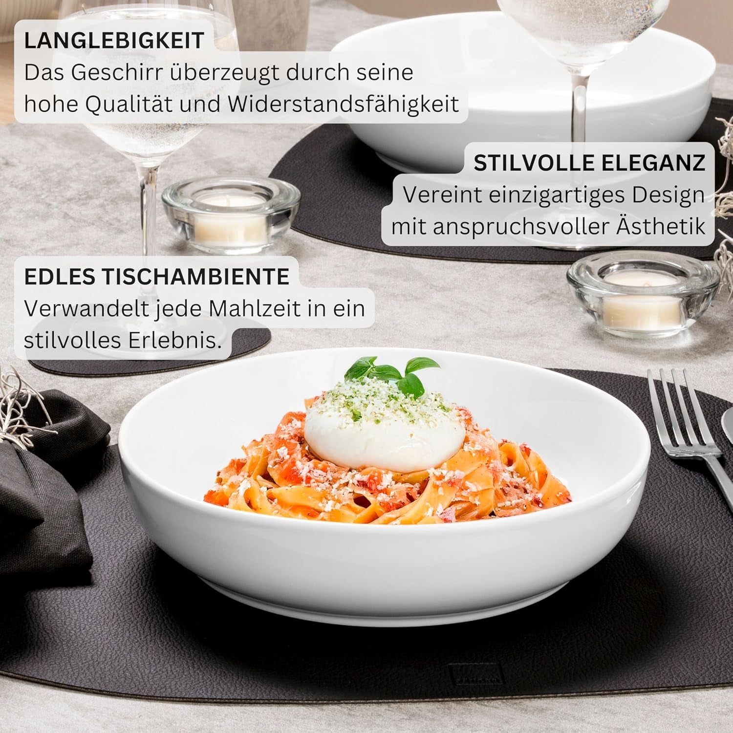 SÄNGER | Set de veselă Marlo White, set de veselă cu 24 de piese pentru 6 persoane, cu farfurii de desert, farfurii de cină, boluri și boluri pentru cereale din porțelan, set de farfurii, veselă, design modern COLECȚIA PREMIUM