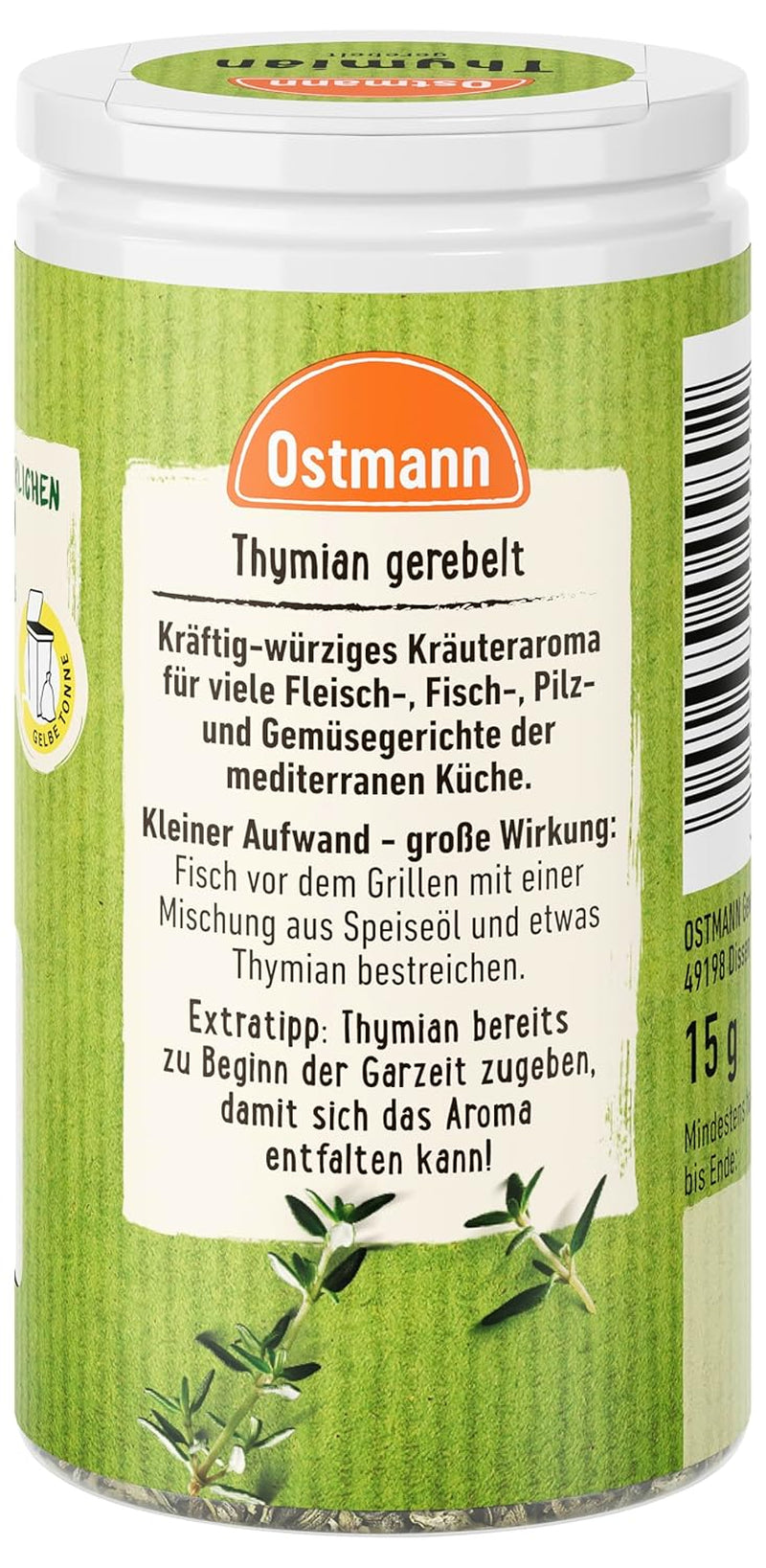 Ostmann Thyme gerebelt 15 g Thyme-Gewürz für viele Fleisch-, Fisch-, Pilz-, und Gemüsegerichte der Mediterranen Küche, Množství: 1 kus