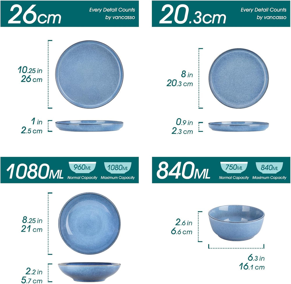 Steingut Geschirrset 6 Personen, vancasso ANYA Blau Teller Set Modern 24 teilig,Tafelservice mit Speiseteller, Suppenteller, Desserttellern, Schüsseln, Geschirr Set Spülmaschinen und Mikrowellenfest