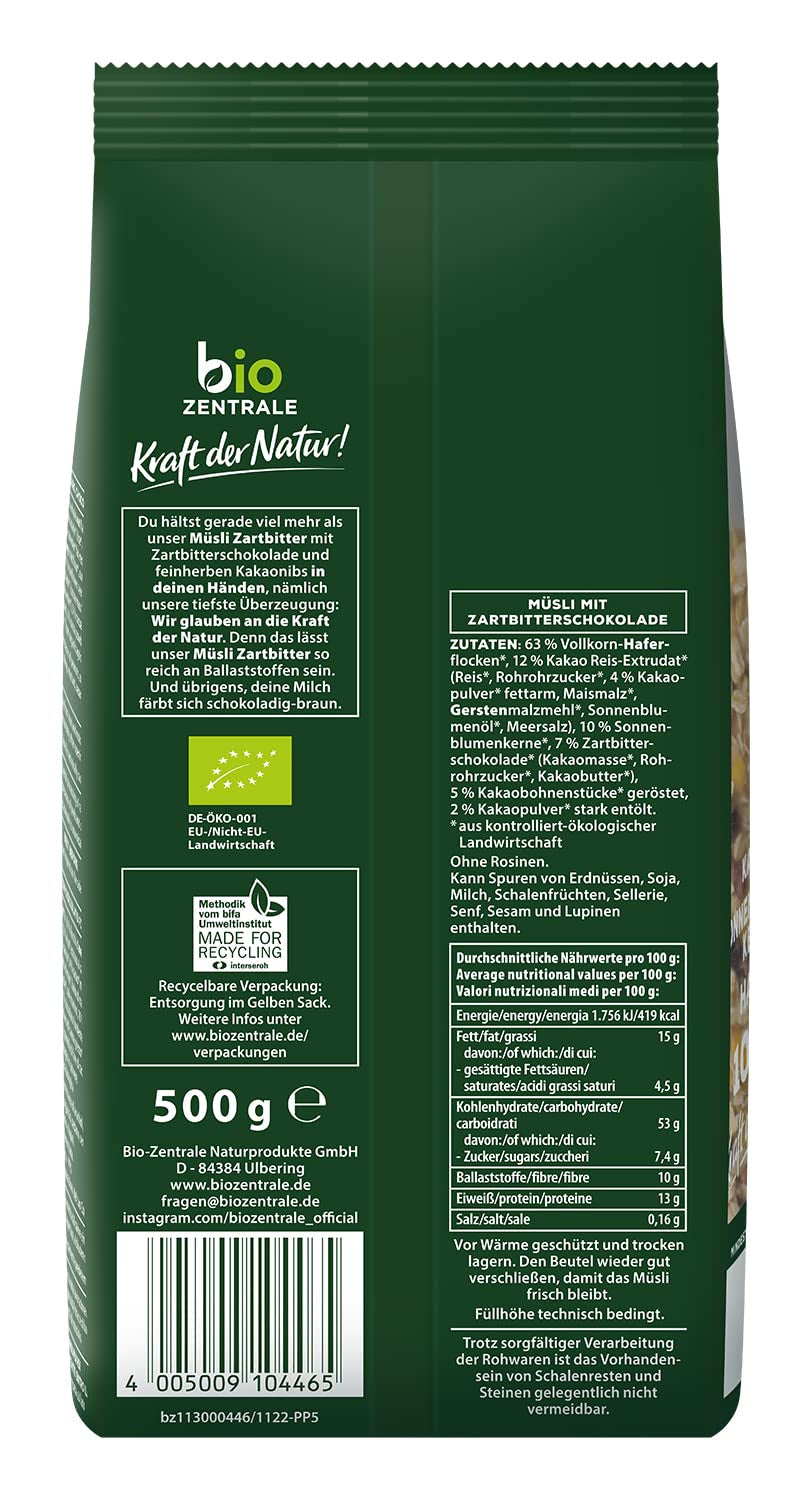Biocentrální müsli s hořkou čokoládou | 500g Bio Vegan | Ideální na snídani a šálek müsli s sebou | Alternativa k müsli tyčinkám