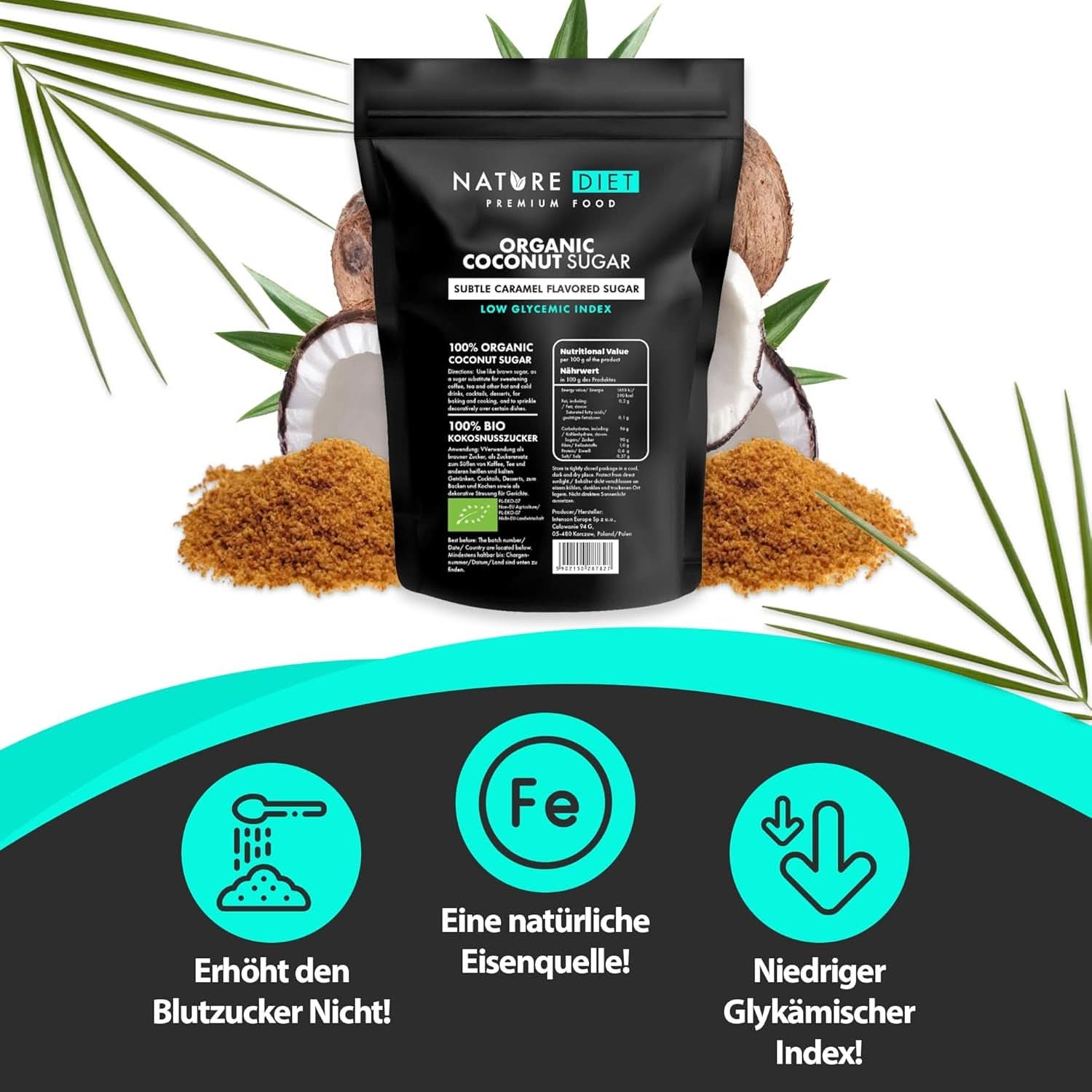 Bio kokosový cukr, karamelová příchuť, 1,5 Kg sladidla Naty Shop