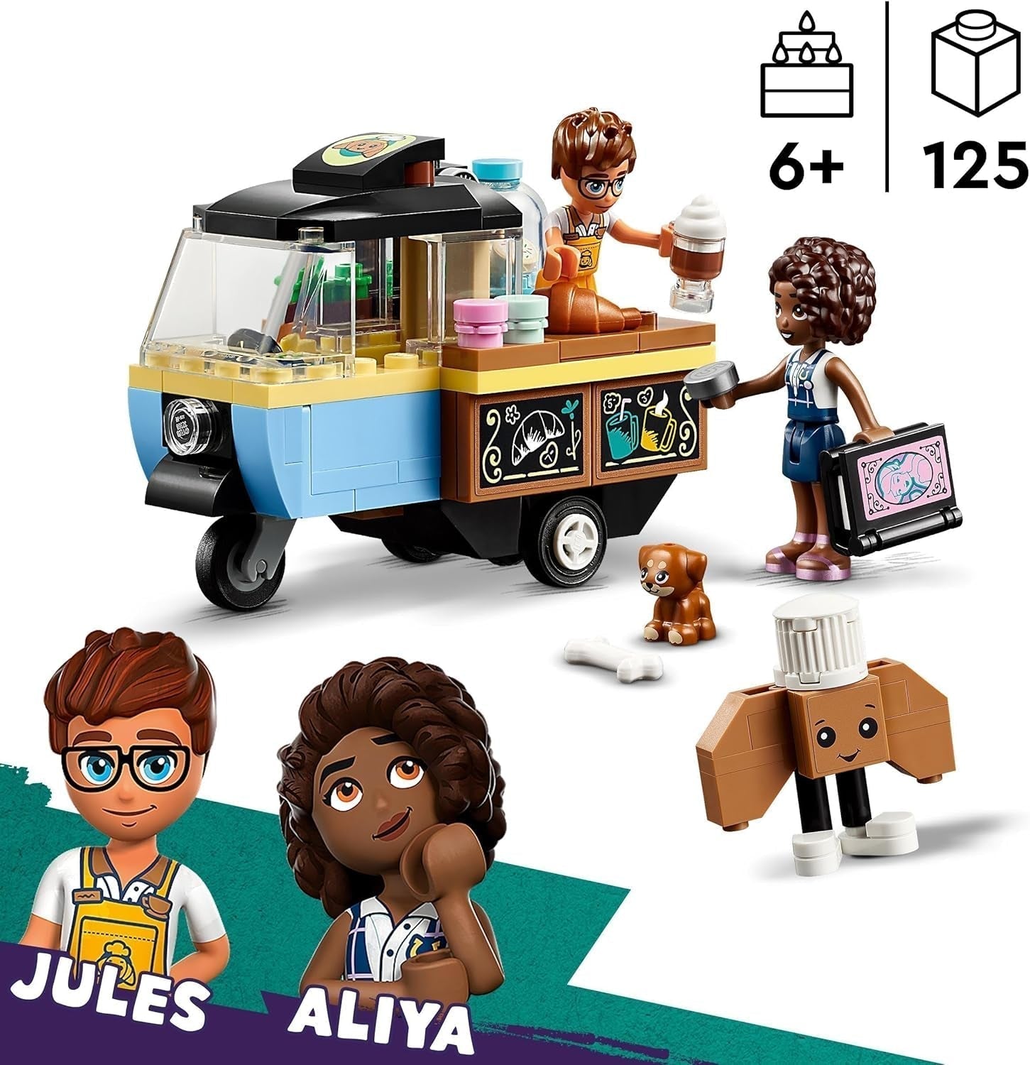 LEGO Friends Rolling Café Malá hračka na pečení pro děti, dárek pro dívky a chlapce 6 let, vzdělávací hračka s Aliyou, Julesem a psem Airou 42606 Stavebnice Beuche den LEGO-Store