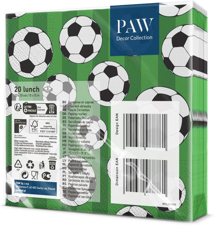 PAW - Șervețele 3 straturi (33 X 33 Cm) I 20 de bucăți I Perfect pentru petreceri, zile de naștere, sărbători I Decorațiuni de masă pentru petreceri pentru copii - Șervețele de hârtie colorate cu motiv - fotbal I minge de fotbal (pachet cu 2)