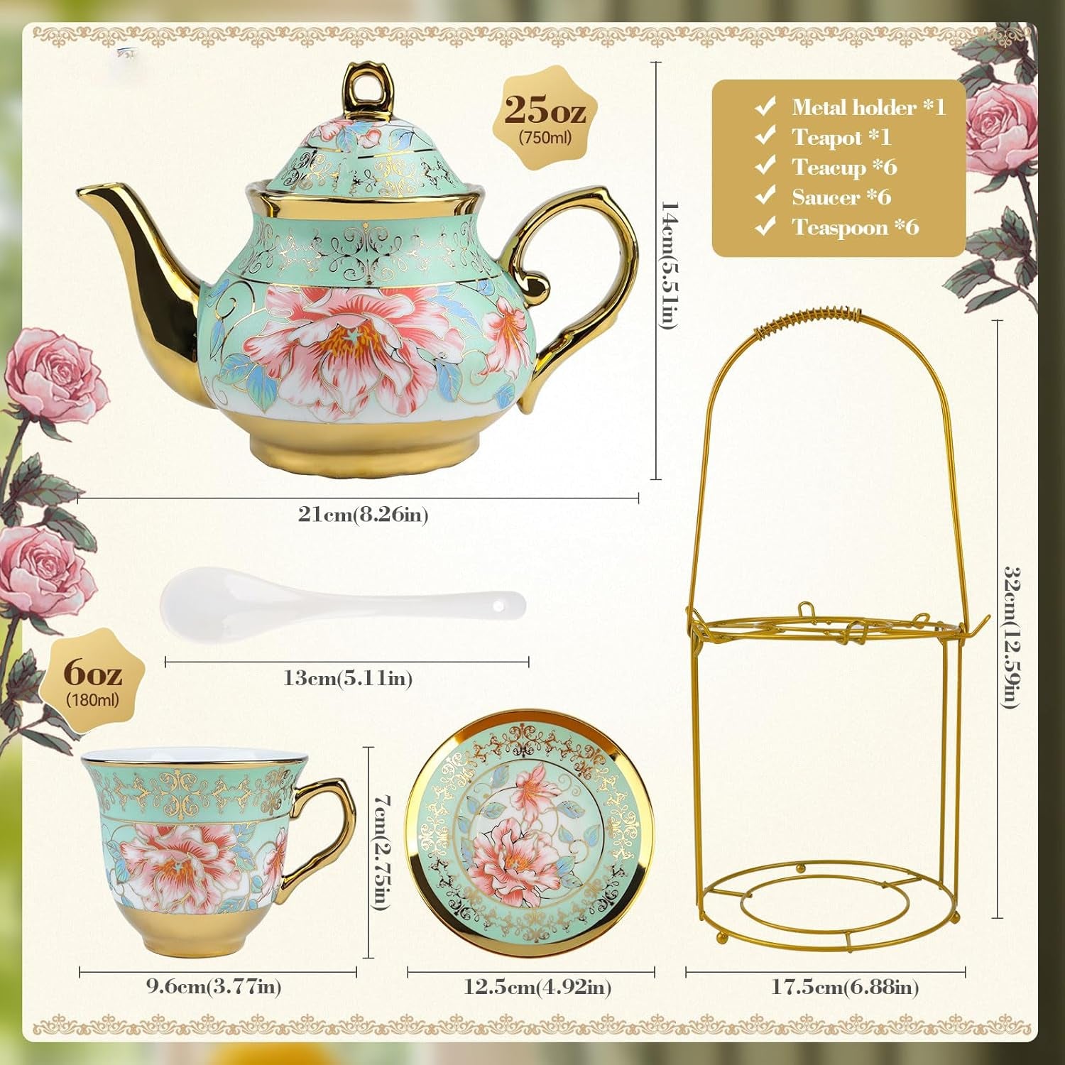 Set de ceai din ceramică cu suport metalic, set de ceai din porțelan cu 20 de piese cu motiv floral vintage, set de ceai în stil european pentru 6 persoane, ceașcă de ceai din ceramică de 160 ml, ceainic de 700 ml, pentru petreceri