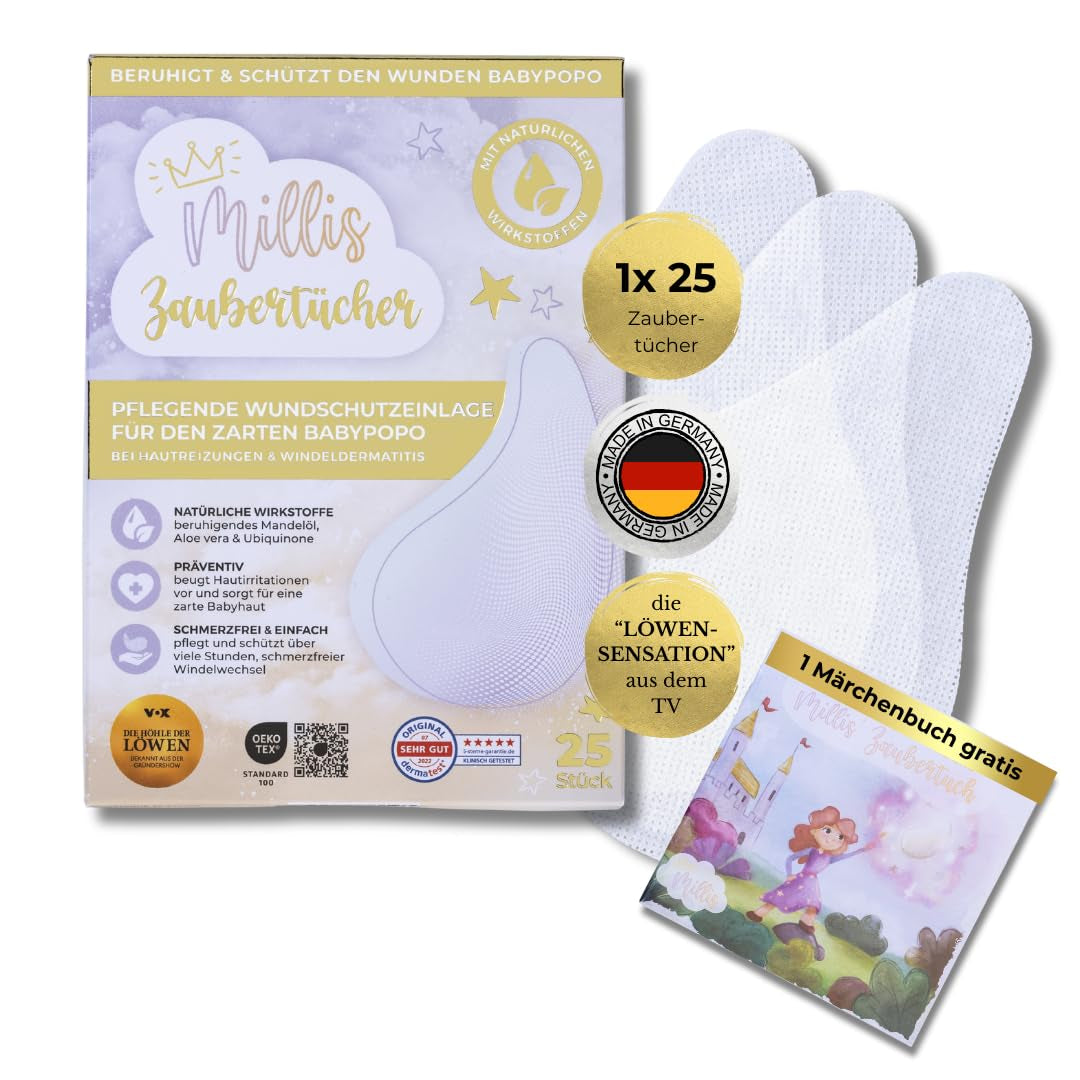 Millis Zaubertücher bei Windeldermatitis Baby, Bekannt aus "Die Höhle der Löwen", 25 Tücher (1 x 25er) s Aloe Vera, Mandelöl & Q10 - Pflegt, Schützt & dient als Wundschutz bei gereizter Haut