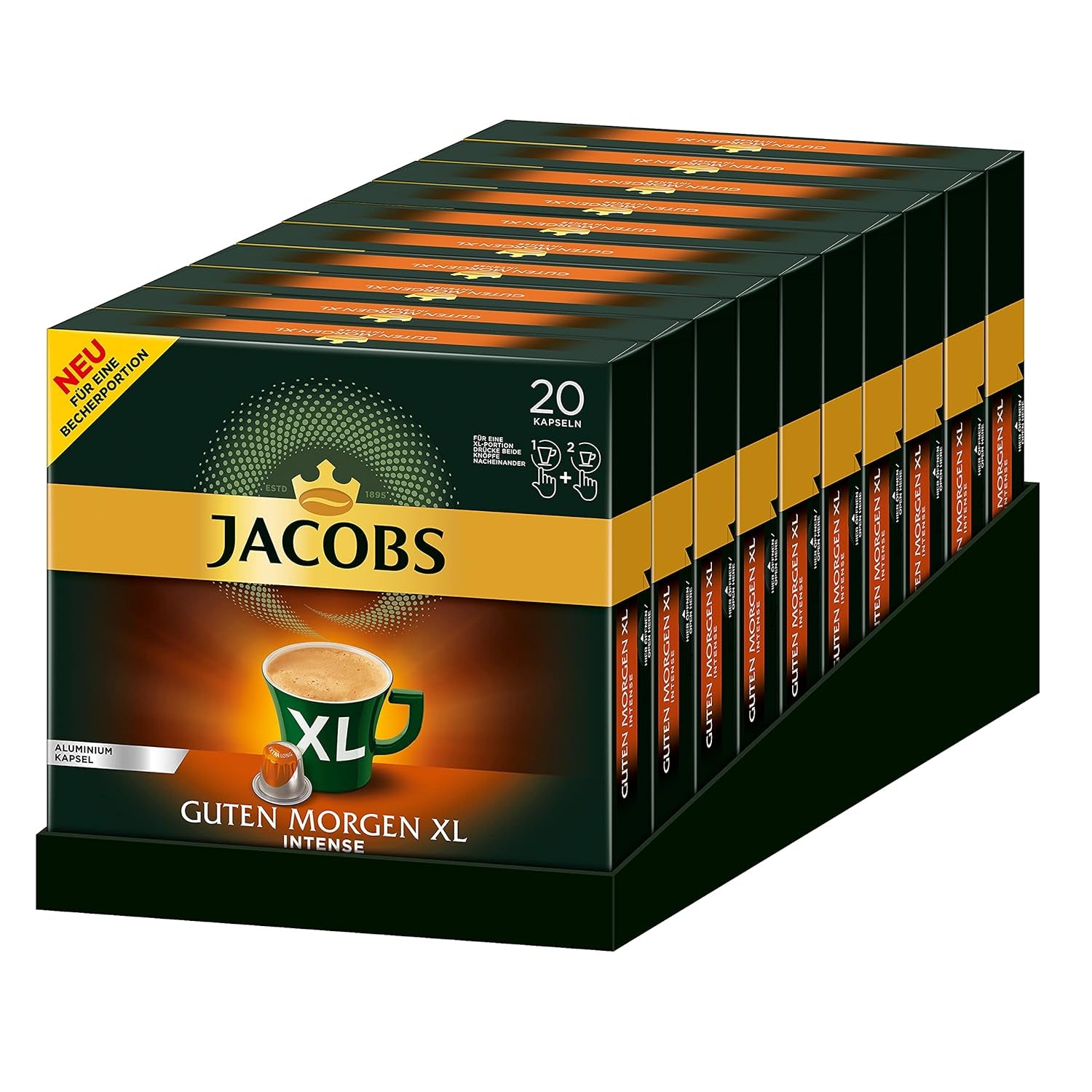 Jacobs Kaffeekapseln Guten Morgen XL Intense - 10er Pack (10 x 20 Getränke) & Kaffeekapseln Lungo Decaffeinato- Intensität 6- 200 Nespresso kompatible Kapseln, 10er Pack, 10 x 20 Getränke