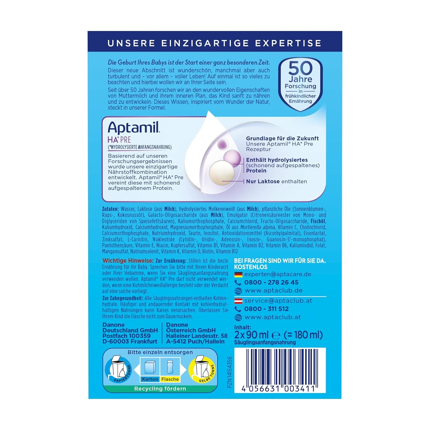 Aptamil HA Pre Ready to Drink – Hydrolyzované mléko pro kojence od narození – 4 x 2 x 90 ml