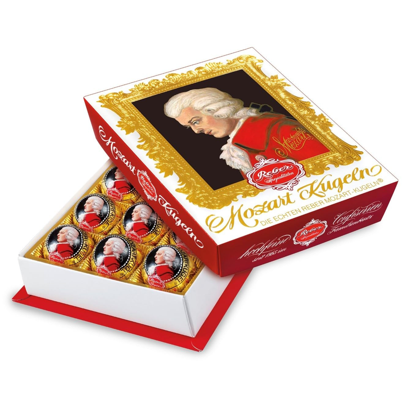 Reber Mozart kuličky s hořkou čokoládou, balení 6 ks s marcipánem a nugátem, veganské - 1 x 120 g