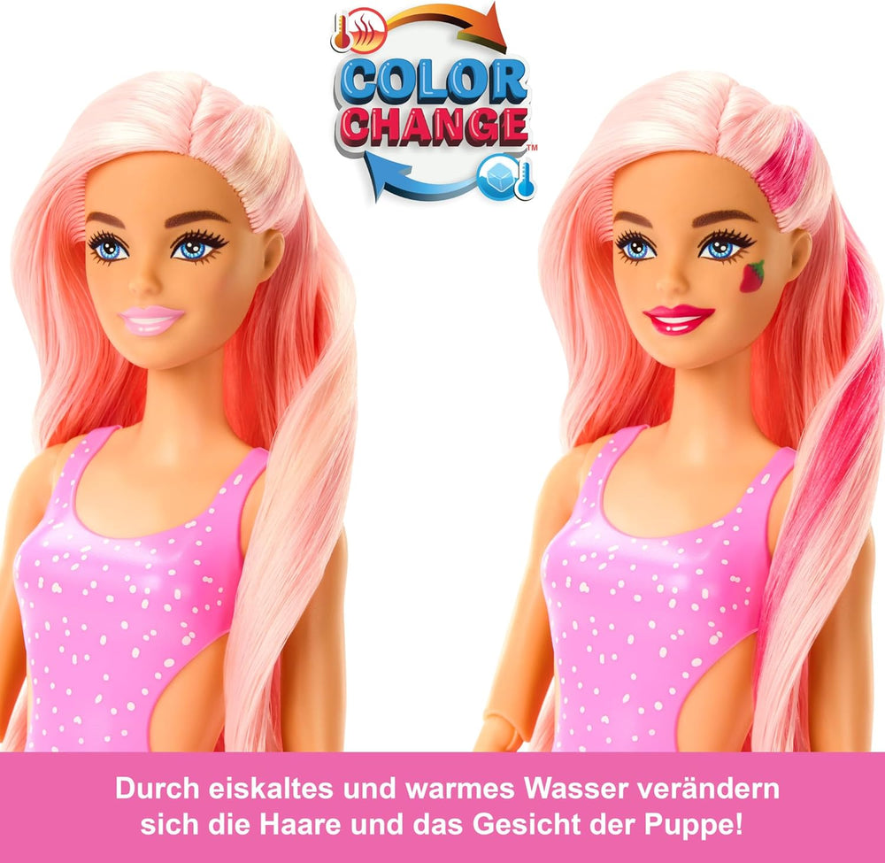 Barbie Pop Reveal Fruit - Überraschungspuppen mit 8 fruchtigen Überraschungen, inklusive beweglicher Puppe mit Erdbeerlimonadenduft und Squishy-Hündchen, ab 3 Jahren, HNW41