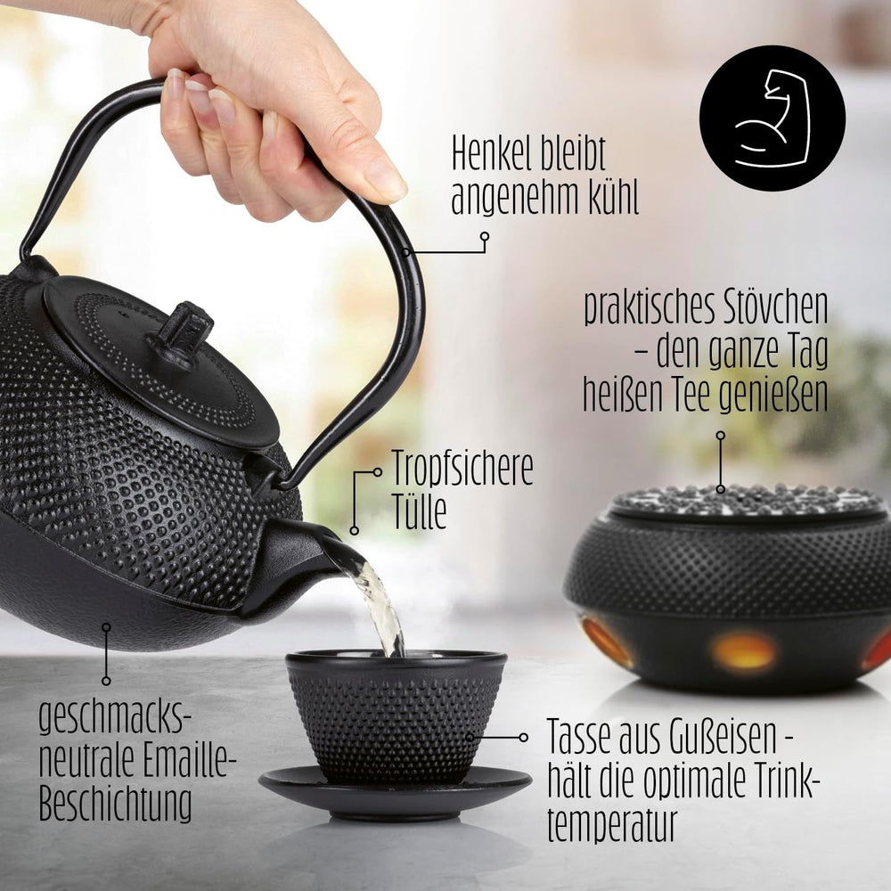 Set de ceai Lumaland cu 8 piese | Ceainic din fontă Tetsubin de 1,4 litri | Încălzitor din fontă | 2 cești de ceai și 2 farfurioare | Set de ceai japonez, inclusiv lingură de măsurat din bambus și infuzor din oțel inoxidabil