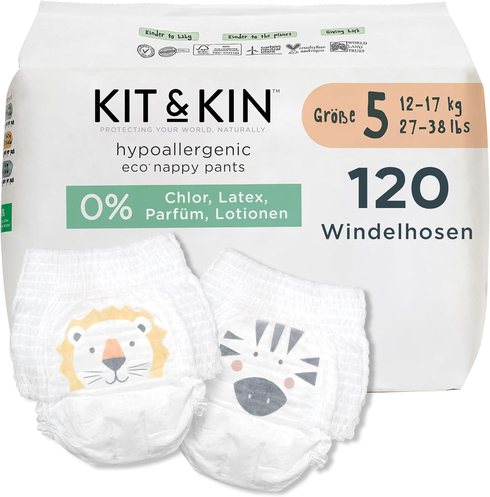 Ekologické plenky Kit & Kin Premium, velikost 4 (9–16 kg), 132 plen, rostlinné a hypoalergenní, spolehlivá ochrana proti úniku, veganské a bez krutosti