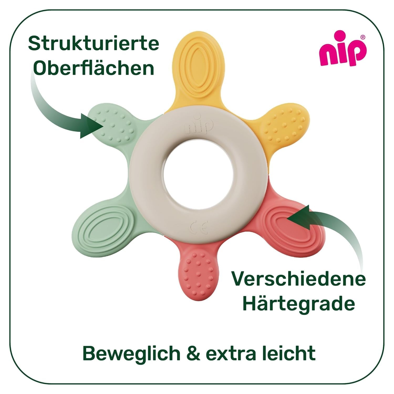 nip – Inel de dentiție | Inel de dentiție sustenabil pentru bebeluși de la 3 luni, fabricat din peste 65% materii prime naturale. Pentru masajul ușor al gingiilor, limbii și dinților | Roșu/Verde/Portocaliu