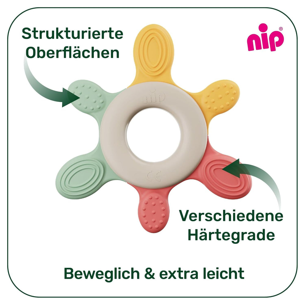 nip – Inel de dentiție | Inel de dentiție sustenabil pentru bebeluși de la 3 luni, fabricat din peste 65% materii prime naturale. Pentru masajul ușor al gingiilor, limbii și dinților | Roșu/Verde/Portocaliu