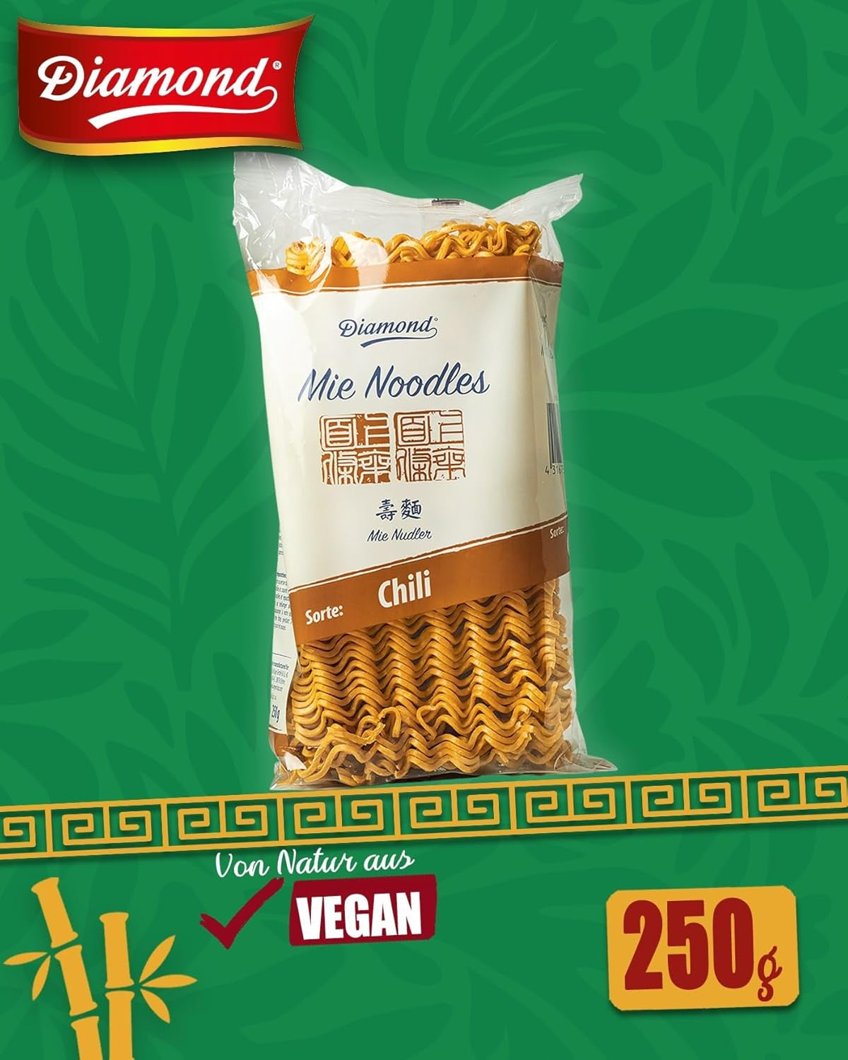 DIAMANTOVÉ Mie Chili nudle, pšeničné nudle s chilli práškem, bez vajec, rychlé a snadné, vegetariánské - 1 x 250 g