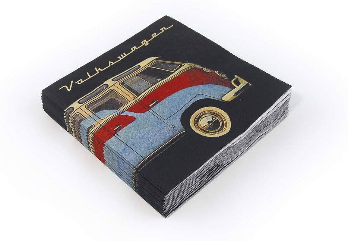 BRISA VW Collection - Șervețele de masă Volkswagen cu autobuz T1 (dungi Samba/roșu/3 straturi)