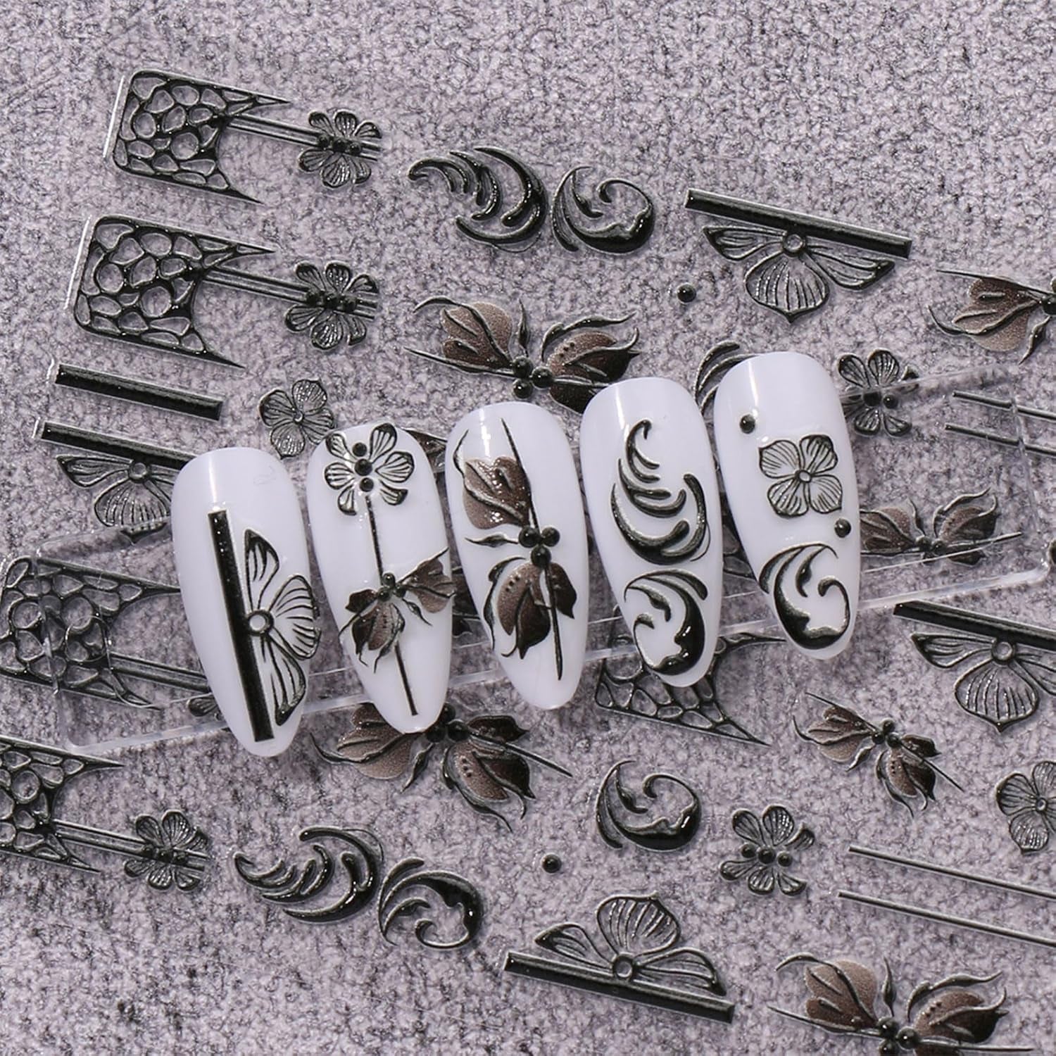 JMEOWIO 3D Nagelsticker Schwarz Weiß Blume Nail Art Sticker Selbstklebend Nagelaufkleber 5D Stereoskopisch Blumen Dekoration Nageldesign Zubehör 4 Blatt