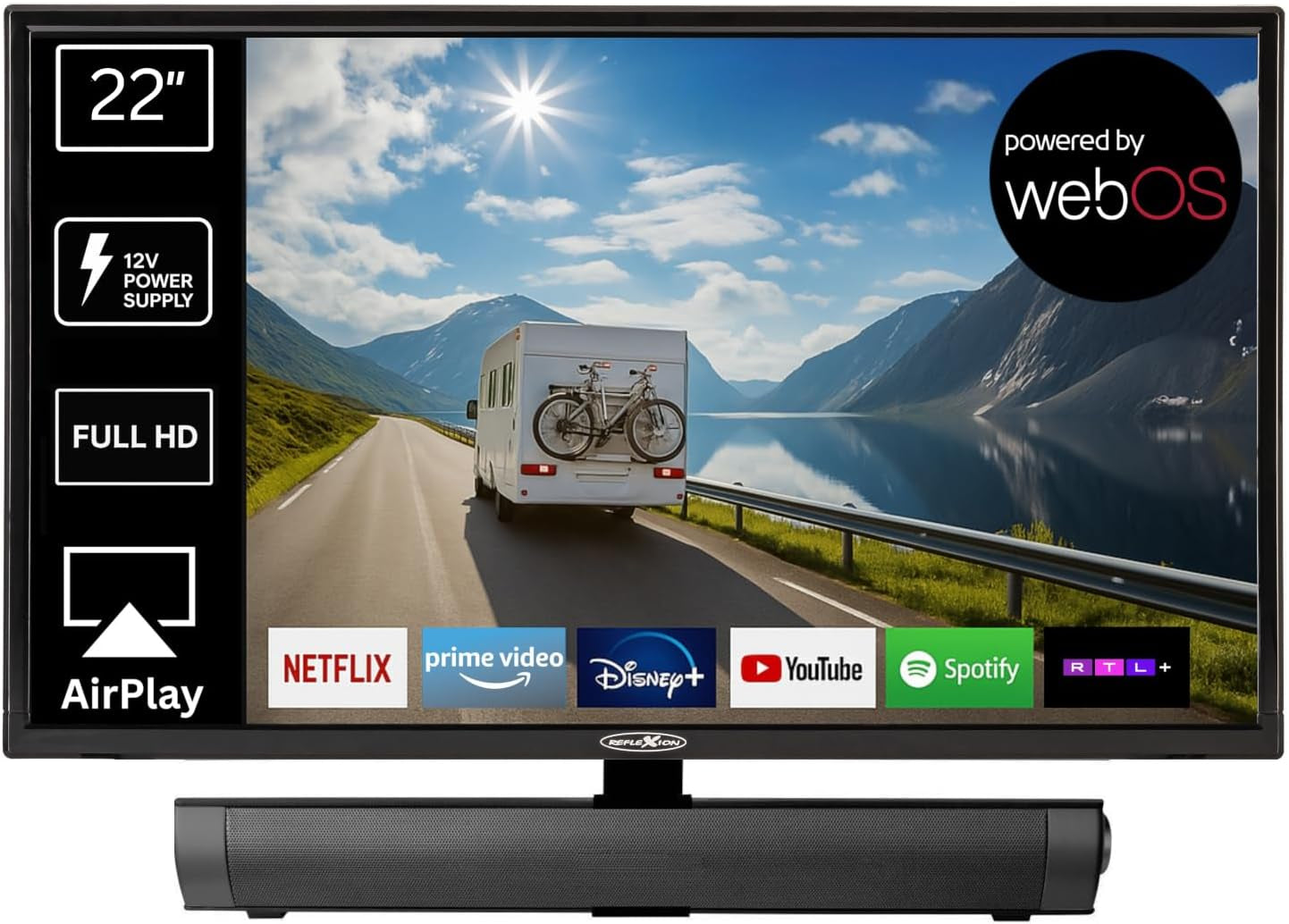 Televizor inteligent Reflexion LED24iBT de 24 de inci cu soundbar, Full HD, WLAN, Bluetooth, HDMI, USB, CI+, adaptor auto de 12V – ideal pentru autorulote, caravane, rulote și bărci – incl. telecomandă